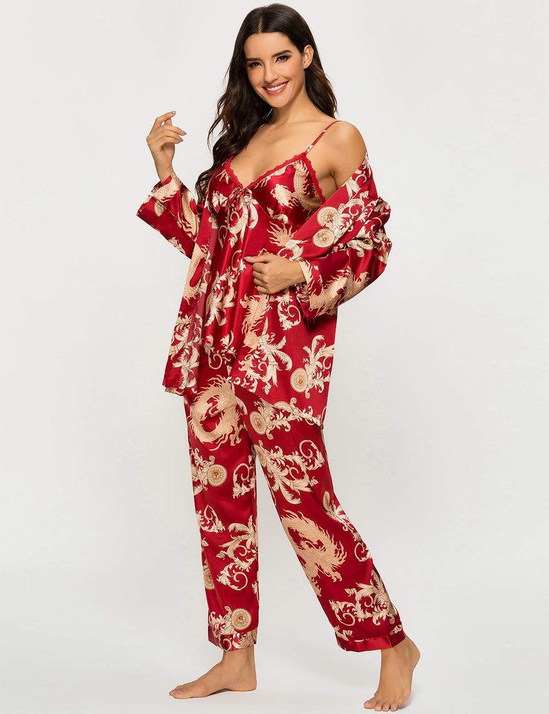Escalier Women's Silk Satin Pajamas Set 3 Pcs Floral Silky Pj Sets Sleepwear Cami Nightwear with Robe and Pants Wine 2XL - Image 2